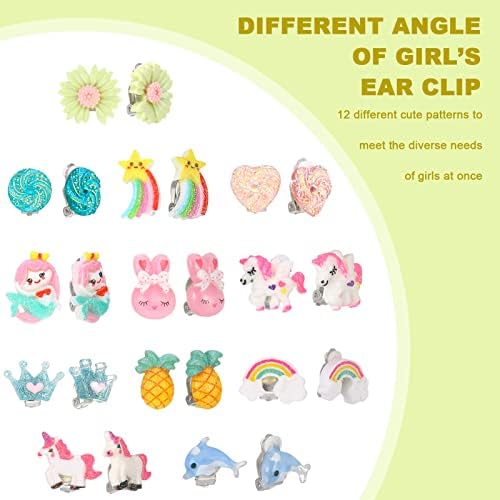 Bestomrogh 12 Pairs Kids Clip On Earrings For Girls Cute Unicorn Flower Heart Rainbow Jewelry Dress Up Set No Pierced Play Earrings For Kids