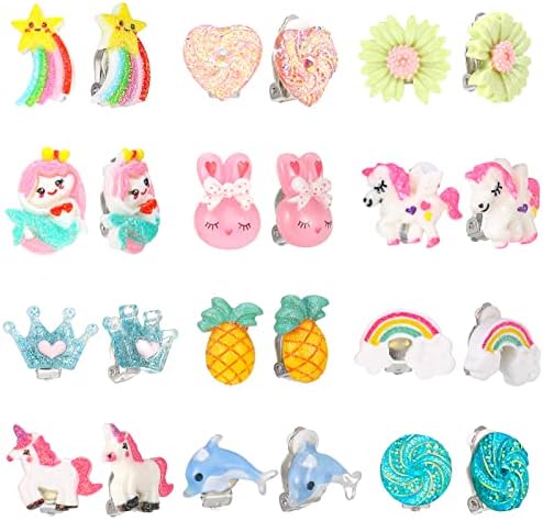 Bestomrogh 12 Pairs Kids Clip On Earrings for Girls Cute Unicorn Flower Heart Rainbow Jewelry Dress Up Set No Pierced Play Earrings for Kids
