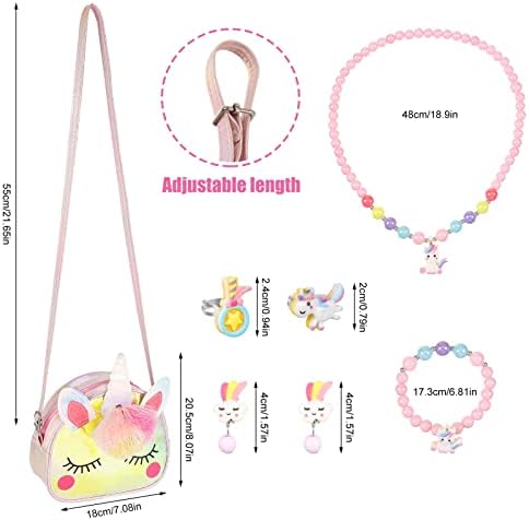 Bestomrogh Unicorn Crossbody Bag Purse With Jewelry Set Little Girls Unicorn Rings Bracelets Necklaces Princess Dress Up Accessories Jewelry Party Favors Gift