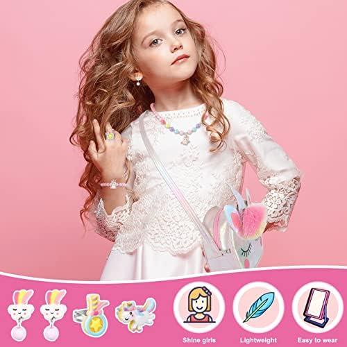 Bestomrogh Unicorn Crossbody Bag Purse With Jewelry Set Little Girls Unicorn Rings Bracelets Necklaces Princess Dress Up Accessories Jewelry Party Favors Gift