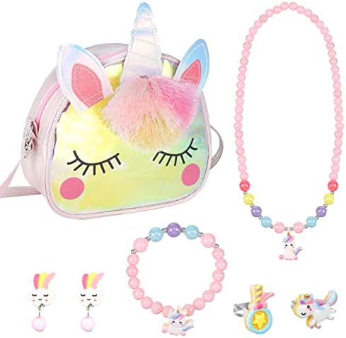 Bestomrogh Unicorn Crossbody Bag Purse with Jewelry Set Little Girls Unicorn Rings Bracelets Necklaces Princess Dress Up Accessories Jewelry Party Favors Gift