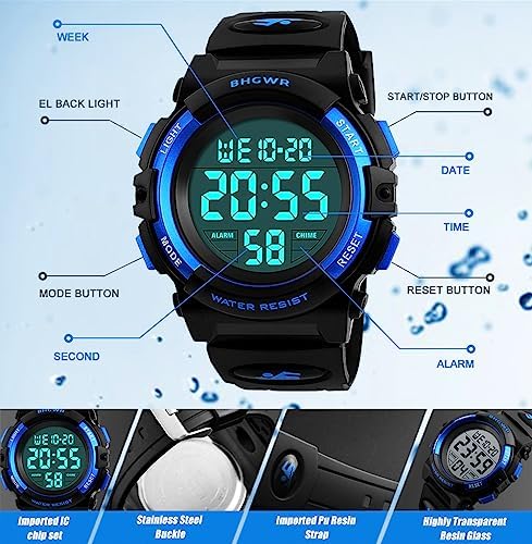 BHGWR Boys Digital Watches Kids Sports 5ATM Waterproof Watch With Alarm/Timer/EL Light Blue Childrens Outdoor Digital Watch For Teenagers Boys
