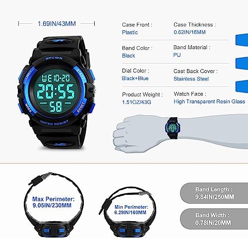BHGWR Boys Digital Watches Kids Sports 5ATM Waterproof Watch With Alarm/Timer/EL Light Blue Childrens Outdoor Digital Watch For Teenagers Boys