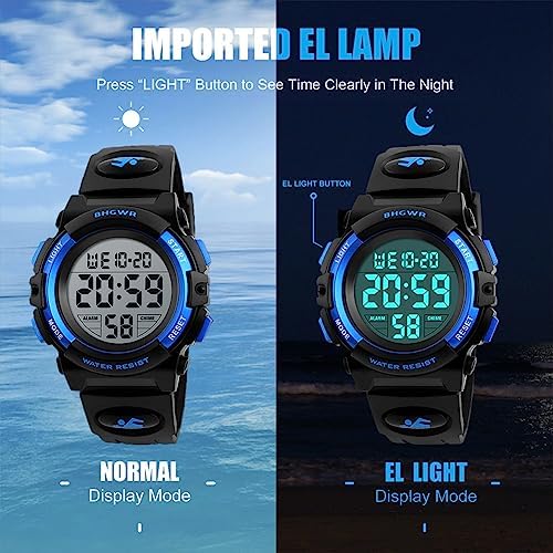 BHGWR Boys Digital Watches Kids Sports 5ATM Waterproof Watch With Alarm/Timer/EL Light Blue Childrens Outdoor Digital Watch For Teenagers Boys