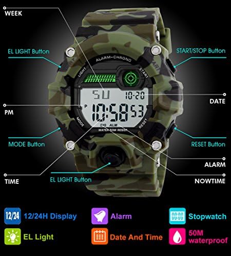 BHGWR Kids Digital Watches Boys Sports Watch With Alarm/Timer/Shock Resistant Teenagers Childrens 5 Bars Waterproof Electronic Wrist Watch For Boys Camouflage