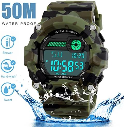 BHGWR Kids Digital Watches Boys Sports Watch With Alarm/Timer/Shock Resistant Teenagers Childrens 5 Bars Waterproof Electronic Wrist Watch For Boys Camouflage