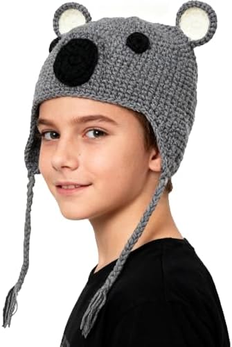 BIBITIME Handmade Knit Koala Hat Bear Ear Beanie Braid Earflap Warm Cap For Kids