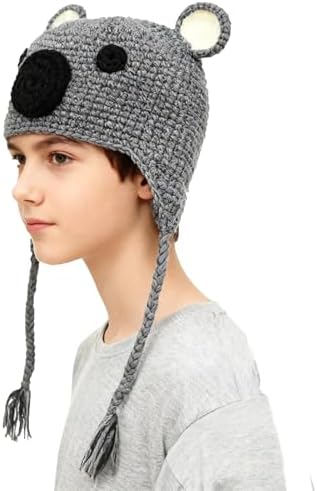 BIBITIME Handmade Knit Koala Hat Bear Ear Beanie Braid Earflap Warm Cap For Kids