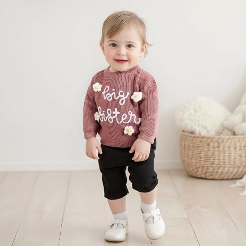 Big Sister Knitted Jumper Toddler Infant Girl Embroidered Letter Flower Sweater Top Spring Fall Winter Outfit Clothes