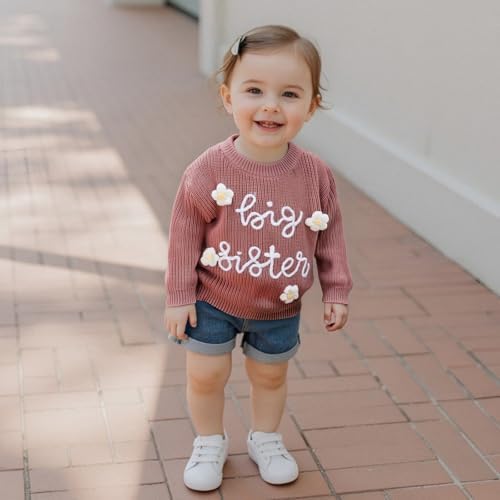Big Sister Knitted Jumper Toddler Infant Girl Embroidered Letter Flower Sweater Top Spring Fall Winter Outfit Clothes