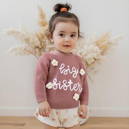 Big Sister Knitted Jumper Toddler Infant Girl Embroidered Letter Flower Sweater Top Spring Fall Winter Outfit Clothes
