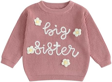 Big Sister Knitted Jumper Toddler Infant Girl Embroidered Letter Flower Sweater Top Spring Fall Winter Outfit Clothes