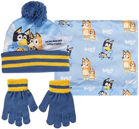 Bluey Bobble Hat + Snood Scarf + Gloves Set For Boys Girls 3 Piece Winter Set Gift