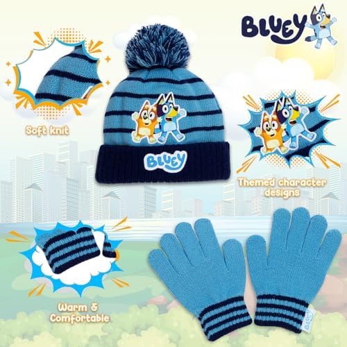 Bluey Boys Winter Hat And Gloves Set – Beanie And Glove Set For Toddlers And Kids – Warm Knit Accessories - One Size