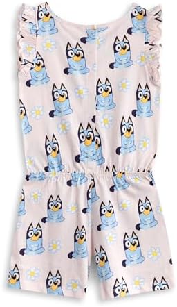 Bluey Girls Light Pink Sleeveless Playsuit Floral Crew Neck Outfit With Ruffle Detail & Pockets Casual Summer Wear Bingo Character Design Comfortable Kids Apparel