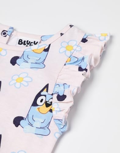 Bluey Girls Light Pink Sleeveless Playsuit Floral Crew Neck Outfit With Ruffle Detail & Pockets Casual Summer Wear Bingo Character Design Comfortable Kids Apparel