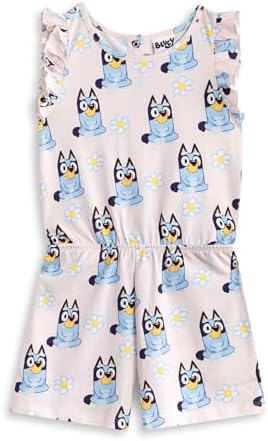 Bluey Girls Light Pink Sleeveless Playsuit Floral Crew Neck Outfit with Ruffle Detail & Pockets Casual Summer Wear Bingo Character Design Comfortable Kids Apparel