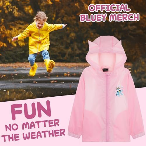 Bluey Girls Raincoat With Hood Waterproof Fleece Lined Coat Kids Outdoor Rainwear Hooded Jacket