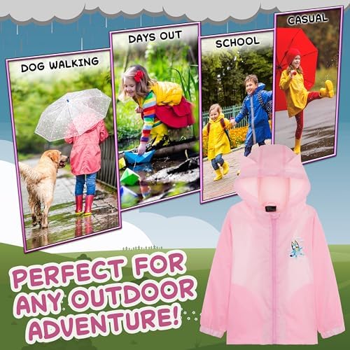 Bluey Girls Raincoat With Hood Waterproof Fleece Lined Coat Kids Outdoor Rainwear Hooded Jacket