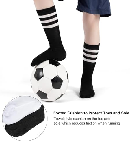 BONANGEL 4 Pairs Kids Football Socks Boys Girls 3-6 6-8 9-12 Years Knee High School Socks Black White Athletic Long Sleeves Cotton Sports Soccer Training Socks For Junior