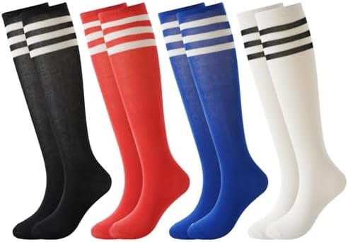 BONANGEL 4 Pairs Kids Football Socks Boys Girls 3-6 6-8 9-12 Years Knee High School Socks Black White Athletic Long Sleeves Cotton Sports Soccer Training Socks for Junior
