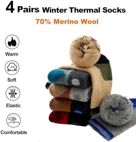 BONANGEL Kids Thermal Merino Wool Socks Thick Walking Cosy Socks Boys Girls Winter Warm Boot Cushion Crew Socks 4 Pairs For Outdoors Hiking Sports