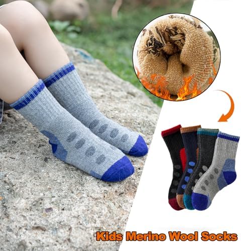 BONANGEL Kids Thermal Merino Wool Socks Thick Walking Cosy Socks Boys Girls Winter Warm Boot Cushion Crew Socks 4 Pairs For Outdoors Hiking Sports