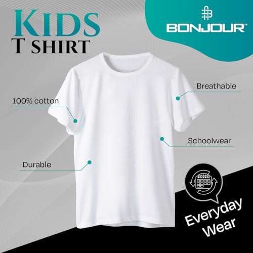 Bonjour 5 Pack Multi-Pack Kids T Shirts 100% Cotton Boys Girls Plain Round Neck Tshirt Children Ideal For PE And School Uniform