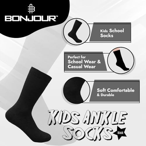 Bonjour Childrens Kids Back To School 6 Pairs Ankle Cotton Rich Plain School Socks Shoe (Sizes 3 Yrs - 13 Yrs)