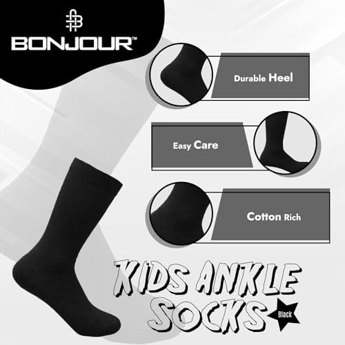 Bonjour Childrens Kids Back To School 6 Pairs Ankle Cotton Rich Plain School Socks Shoe (Sizes 3 Yrs - 13 Yrs)