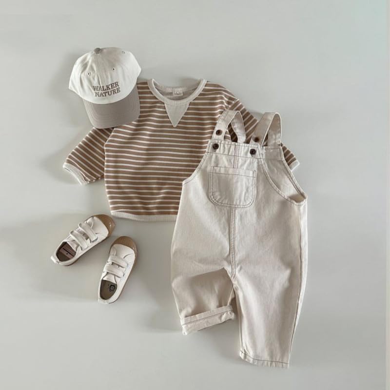 Boodtag Unisex Baby Cotton Dungarees Jeans Toddler Girls Boys Denim Overalls Sleeveless Kids Striped Button Jumpsuit Bib Pants One Piece Trousers