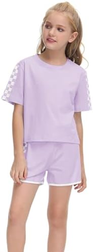 BOVOSHA Girls Summer Clothes Kids Outfit Short Sleeve Crop Top ＋ Plaid Shorts Set Kids Sports Tracksuit