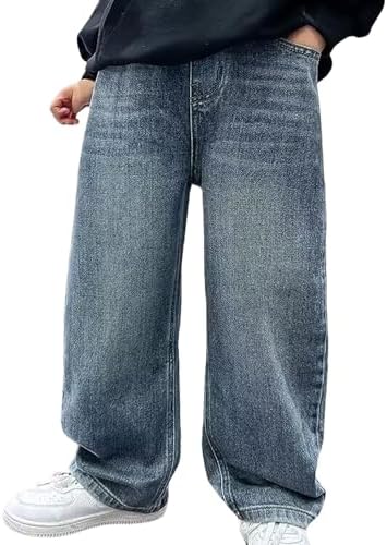 Boys Baggy Jeans Straight Wide Leg Washed Cargo Denim Trousers Kids Retro Casual Streetwear Jeans with Pockets Loose Oversized Cute Denim Trousers