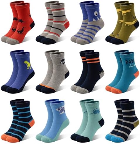 Boys Crew Socks 12 Pairs Dinosaur Trainer Themed Breathable Soft Nursery School Toddler Socks For Kids 1-7 Years Old