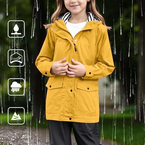 Boys Girls Rain Jacket Waterproof Windbreaker Lightweight Rain Jackets With Pockets Packable Raincoats For Kids With Hood Solid Full Zip Button Down Rain-Coats Preppy Clothes