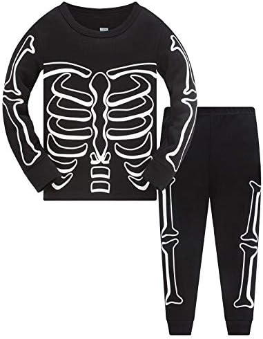 Boys Halloween Pyjamas Glow in The Dark Skeleton Bones Costumes for Girls Cotton Nightwear Toddler Clothes Sleepwear Unisex Kids 2 Piece Outfit Pjs Sets 1-12 Years