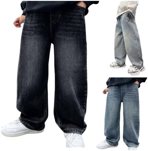 Boys Jeans Elasticated Waist Loose Denim Pants with Pockets for Boy Teenager Boys Cargo Trousers Y2k Vintage Baggy Jeans Denim Pants for Kids School Daily