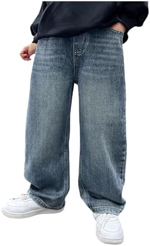 Boys Jeans UK Elasticated Waist Loose Denim Pants with Pockets for Boy Teenager Boys Cargo Trousers Y2k Vintage Baggy Jeans Denim Pants for Kids School Daily Casual StraightJeans