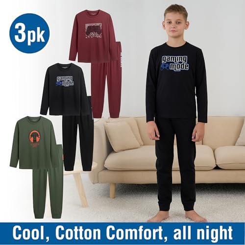 Boys Long Sleeve Pyjamas Set 3 Pack 100% Cotton Matching Top & Bottom Nightwear With Soft Breathable Fabric Elasticated Waist & Tag-Free Lounge Set Machine Washable Kids Sleepwear Ages 8–13 Years