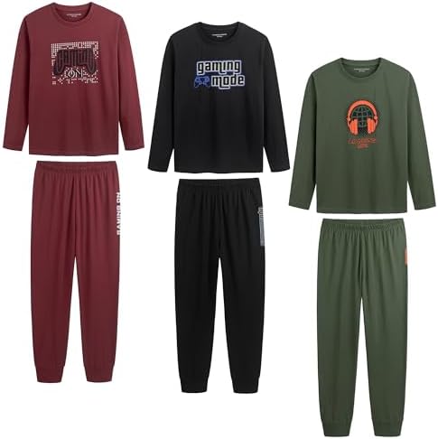 Boys Long Sleeve Pyjamas Set 3 Pack 100% Cotton Matching Top & Bottom Nightwear With Soft Breathable Fabric Elasticated Waist & Tag-Free Lounge Set Machine Washable Kids Sleepwear Ages 8–13 Years