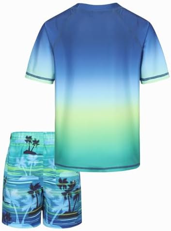 Boys Rash Vest Kids Two Piece Swimming Costume With Board Shorts Short Sleeve Boys Swimsuit Set Age 5-16 Years