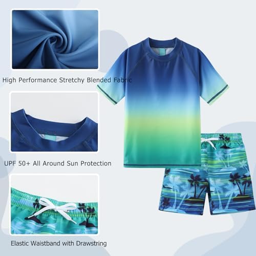 Boys Rash Vest Kids Two Piece Swimming Costume With Board Shorts Short Sleeve Boys Swimsuit Set Age 5-16 Years