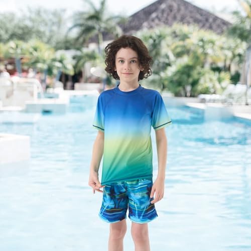 Boys Rash Vest Kids Two Piece Swimming Costume With Board Shorts Short Sleeve Boys Swimsuit Set Age 5-16 Years