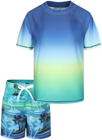 Boys Rash Vest Kids Two Piece Swimming Costume With Board Shorts Short Sleeve Boys Swimsuit Set Age 5-16 Years