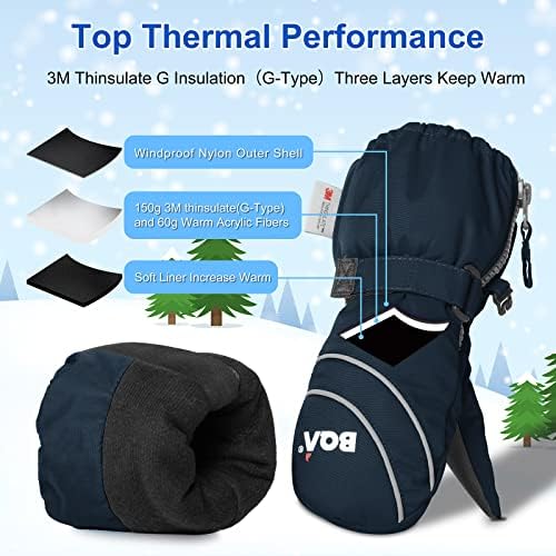 BQA Kids Ski Mittens Toddler Winter Snow Thinsulate Waterproof Mittens With String For Boys Girls
