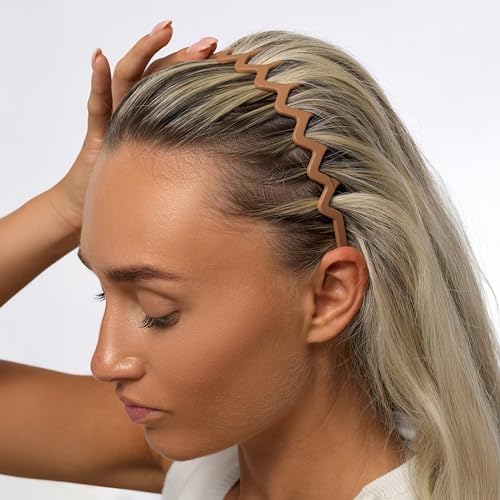 Brushworks Neutral Zig Zag Headbands – 3 Pack Stylish Wavy Hair Bands For Women & Girls Comfortable Non-Slip Everyday Hair Accessories