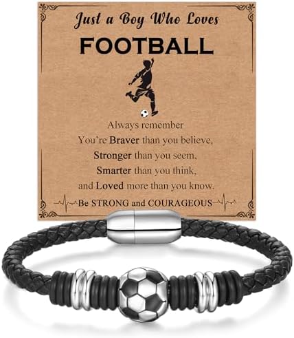 Bsoepnr Football Gifts for Boys Football Bracelet for Son Grandson Brother Nephew Him Friend Boyfriend Teenage Boys Leather Bracelet Gifts for Birthday Christmas Graduation Valentines