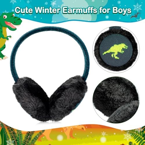 BTHRORO Ear Muffs Kids Cute Dinosaur Earmuffs Adjustable Knit Ear Warmers Soft Plush Winter Warm Ear Covers For Boys Girls