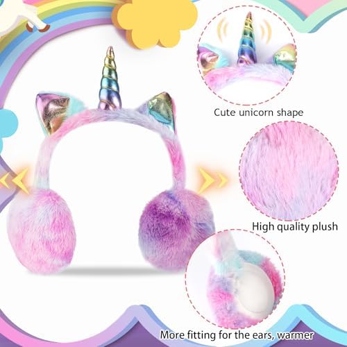 BTHRORO Unicorn Earmuffs For Kids Foldable Ear Muffs Cute Winter Warm Ear Warmer Plush Ear Covers For Indoor And Outdoor