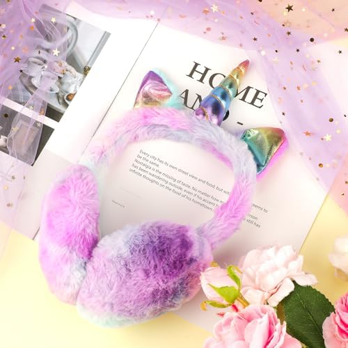 BTHRORO Unicorn Earmuffs For Kids Foldable Ear Muffs Cute Winter Warm Ear Warmer Plush Ear Covers For Indoor And Outdoor